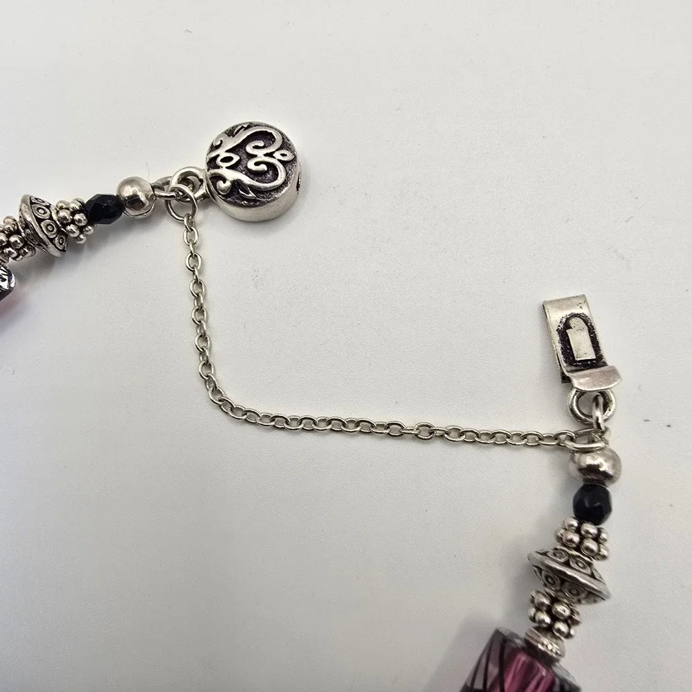 Purple Black Glass Bead Bracelet Silver Tone Toggle Clasp Artisan Style‎ 7.5